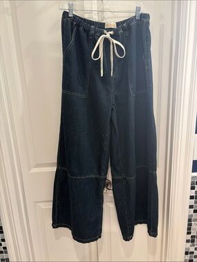 Listicle Dark Blue Wide-Leg Jeans with White Drawstring